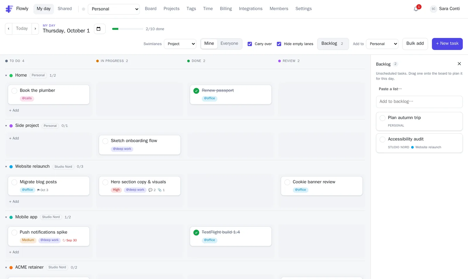Flowly's My day board: tasks from two workspaces in swimlanes by project, with To do, In progress, Review and Done columns and a backlog on the side.