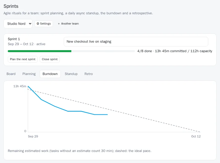 A sprint: the goal, progress against the team's capacity, and the burndown of remaining estimated work against the ideal pace.