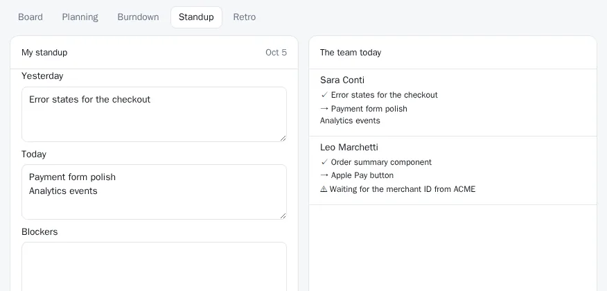 The async standup: my update drafted from my tasks, and the team's updates today with a blocker flagged.